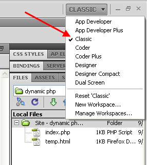 Screenshot of Workspace selecting classic view